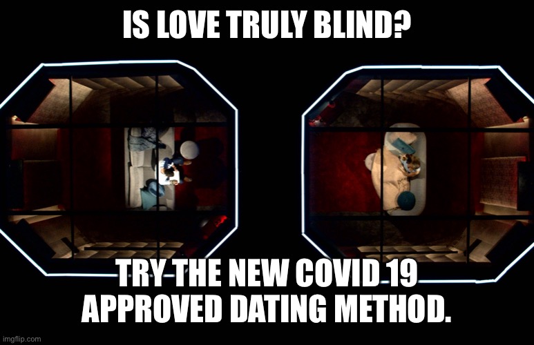  IS LOVE TRULY BLIND? TRY THE NEW COVID 19 APPROVED DATING METHOD. | image tagged in love is blind,dating,corona | made w/ Imgflip meme maker
