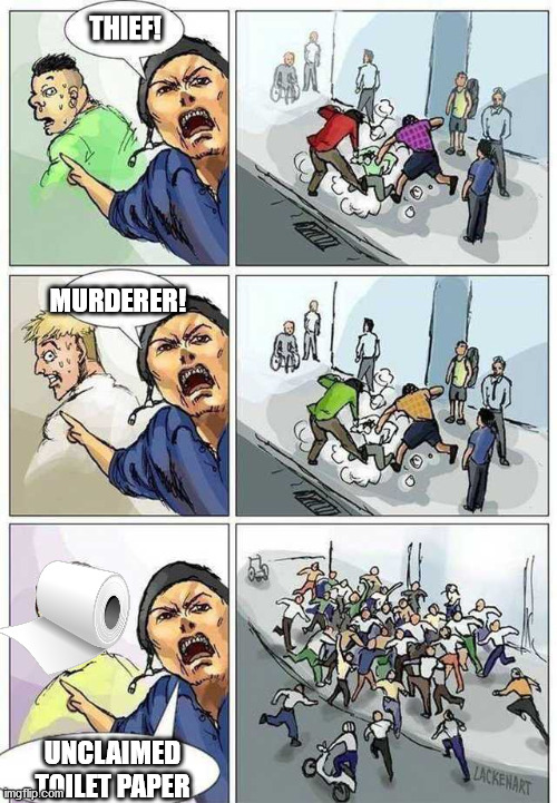 Thief Murderer | THIEF! MURDERER! UNCLAIMED TOILET PAPER | image tagged in thief murderer | made w/ Imgflip meme maker
