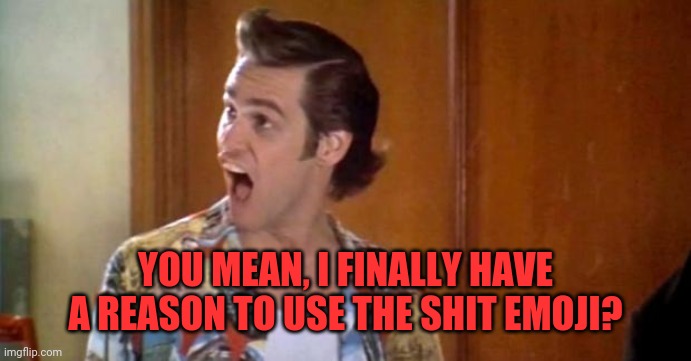 Jim Carrey | YOU MEAN, I FINALLY HAVE A REASON TO USE THE SHIT EMOJI? | image tagged in jim carrey | made w/ Imgflip meme maker