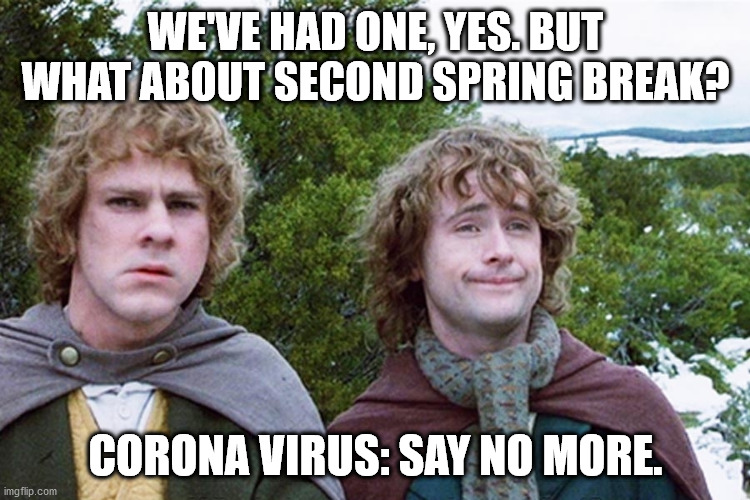 hobbits | WE'VE HAD ONE, YES. BUT WHAT ABOUT SECOND SPRING BREAK? CORONA VIRUS: SAY NO MORE. | image tagged in hobbits | made w/ Imgflip meme maker