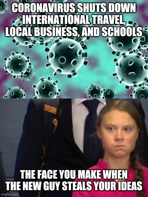 What's the difference between Greta and coronavirus? Not much it seems... | CORONAVIRUS SHUTS DOWN INTERNATIONAL TRAVEL, LOCAL BUSINESS, AND SCHOOLS; THE FACE YOU MAKE WHEN THE NEW GUY STEALS YOUR IDEAS | image tagged in greta thunberg,coronavirus | made w/ Imgflip meme maker