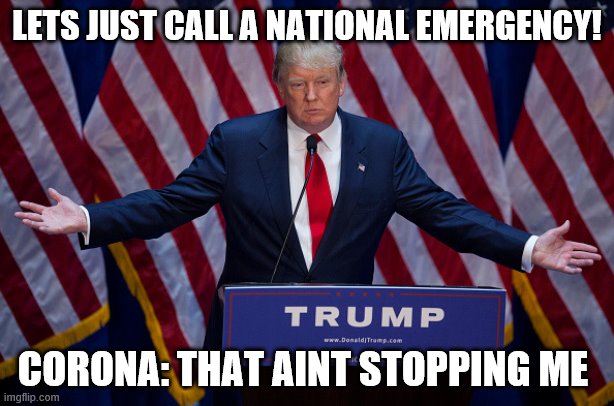 Donald Trump | LETS JUST CALL A NATIONAL EMERGENCY! CORONA: THAT AINT STOPPING ME | image tagged in donald trump | made w/ Imgflip meme maker