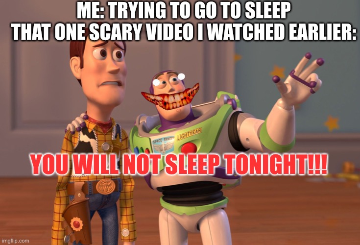 X, X Everywhere | ME: TRYING TO GO TO SLEEP
THAT ONE SCARY VIDEO I WATCHED EARLIER:; YOU WILL NOT SLEEP TONIGHT!!! | image tagged in memes,x x everywhere | made w/ Imgflip meme maker