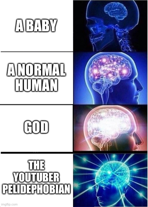 Meme number unknown | A BABY; A NORMAL HUMAN; GOD; THE YOUTUBER PELIDEPHOBIAN | image tagged in memes,expanding brain | made w/ Imgflip meme maker