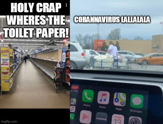 HOLY CRAP WHERES THE TOILET PAPER! CORANNAVIRUS LALLALALA | image tagged in funny | made w/ Imgflip meme maker