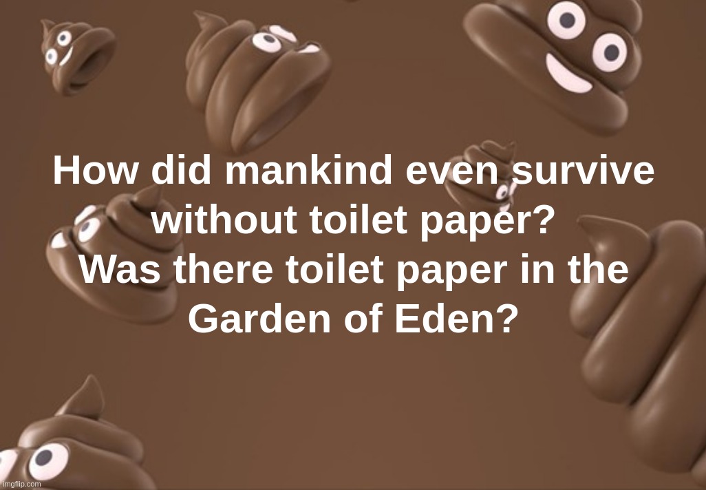 How did mankind even survive without toilet paper?
Was there toilet paper in the Garden of Eden? | image tagged in coronavirus,toilet,paper,turd,mankind,eden | made w/ Imgflip meme maker