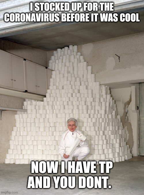 mountain of toilet paper | I STOCKED UP FOR THE CORONAVIRUS BEFORE IT WAS COOL; NOW I HAVE TP AND YOU DONT. | image tagged in mountain of toilet paper | made w/ Imgflip meme maker