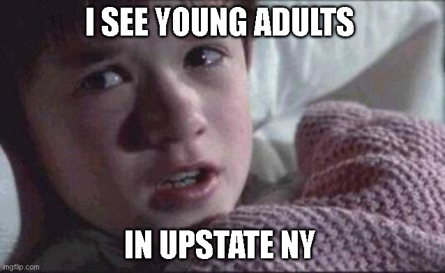 I See Dead People | I SEE YOUNG ADULTS; IN UPSTATE NY | image tagged in memes,i see dead people | made w/ Imgflip meme maker