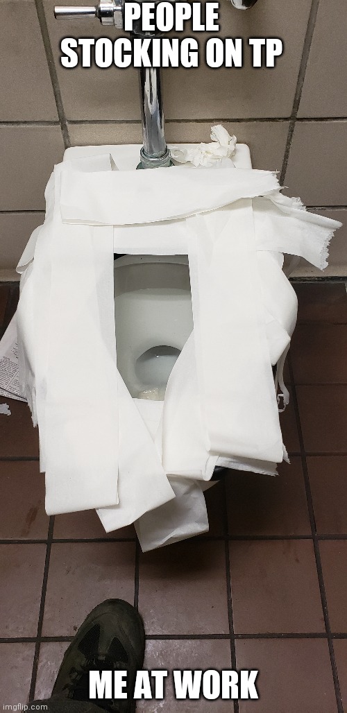 PEOPLE STOCKING ON TP; ME AT WORK | image tagged in coronavirus,toilet paper,toilet seat | made w/ Imgflip meme maker