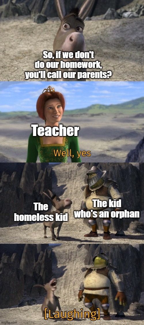 Schools be like... | So, if we don't do our homework, you'll call our parents? Teacher; The kid who's an orphan; The homeless kid | image tagged in shrek and donkey laughing at fiona,school,shrek,donkey,homework,homeless | made w/ Imgflip meme maker