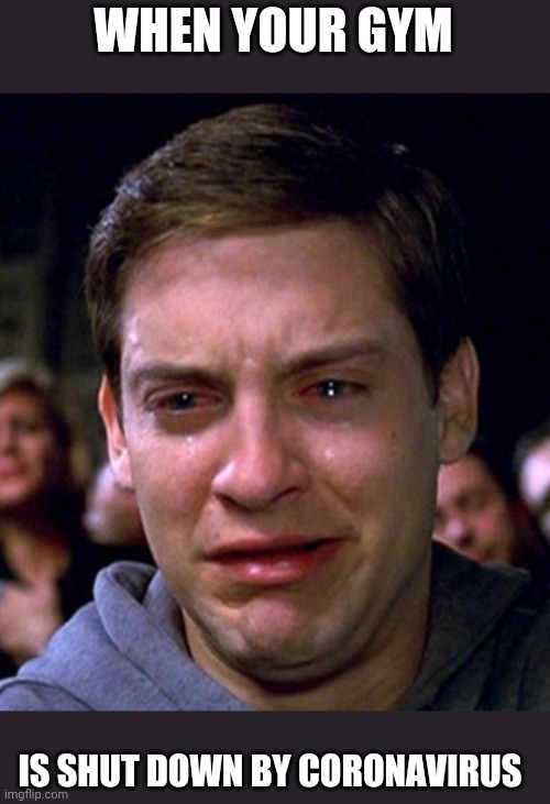 crying peter parker | WHEN YOUR GYM; IS SHUT DOWN BY CORONAVIRUS | image tagged in crying peter parker | made w/ Imgflip meme maker