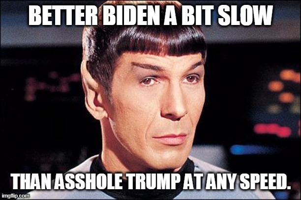 Condescending Spock | BETTER BIDEN A BIT SLOW THAN ASSHOLE TRUMP AT ANY SPEED. | image tagged in condescending spock | made w/ Imgflip meme maker