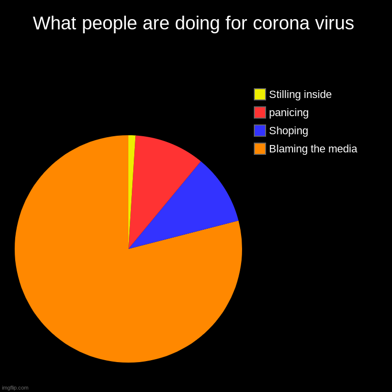 What people are doing for corona virus | Blaming the media, Shoping, panicing, Stilling inside | image tagged in charts,pie charts | made w/ Imgflip chart maker