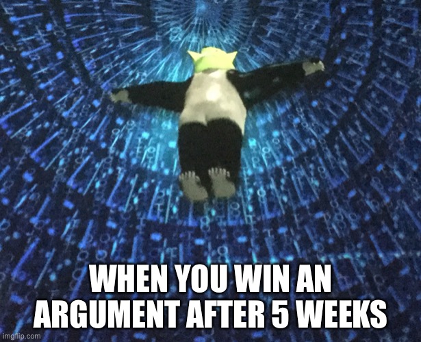 Took the photo myself | WHEN YOU WIN AN ARGUMENT AFTER 5 WEEKS | image tagged in troll panda,winning argument | made w/ Imgflip meme maker