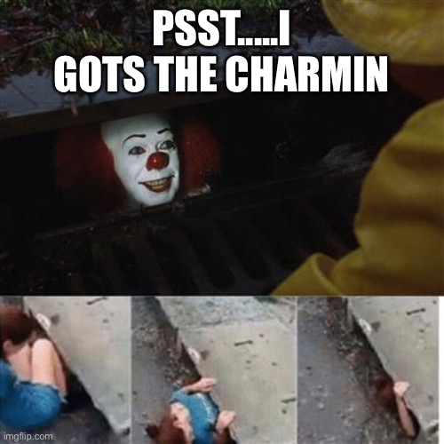 pennywise in sewer | PSST.....I GOTS THE CHARMIN | image tagged in pennywise in sewer | made w/ Imgflip meme maker