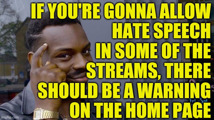 Roll Safe Think About It Meme | IF YOU'RE GONNA ALLOW
HATE SPEECH
IN SOME OF THE
STREAMS, THERE
SHOULD BE A WARNING
ON THE HOME PAGE | image tagged in memes,roll safe think about it,haters,warning | made w/ Imgflip meme maker
