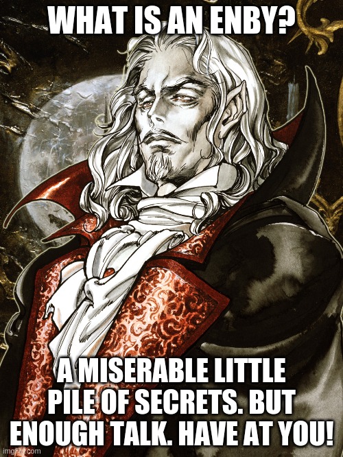 castlevania dracula | WHAT IS AN ENBY? A MISERABLE LITTLE PILE OF SECRETS. BUT ENOUGH TALK. HAVE AT YOU! | image tagged in castlevania dracula | made w/ Imgflip meme maker