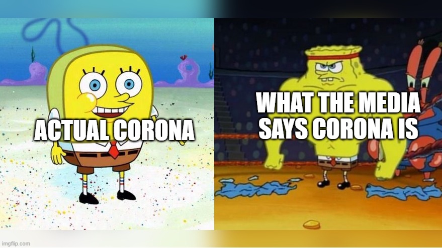 Increasingly Buff Spongebob | WHAT THE MEDIA SAYS CORONA IS; ACTUAL CORONA | image tagged in increasingly buff spongebob | made w/ Imgflip meme maker