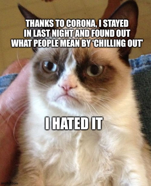 Grumpy Cat | THANKS TO CORONA, I STAYED IN LAST NIGHT AND FOUND OUT WHAT PEOPLE MEAN BY ‘CHILLING OUT’; I HATED IT | image tagged in memes,grumpy cat | made w/ Imgflip meme maker