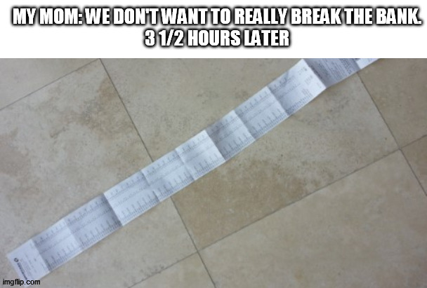 This Really Happened! | MY MOM: WE DON'T WANT TO REALLY BREAK THE BANK.
3 1/2 HOURS LATER | image tagged in money,she spent a lot of money | made w/ Imgflip meme maker
