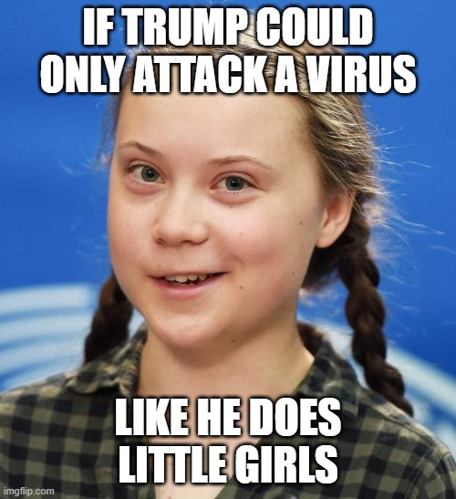 Worried yet? you should be | IF TRUMP COULD ONLY ATTACK A VIRUS; LIKE HE DOES LITTLE GIRLS | image tagged in greta thunberg,memes,politics,climate change,coronavirus,terrorism | made w/ Imgflip meme maker