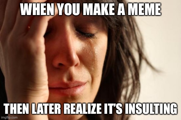 First World Problems | WHEN YOU MAKE A MEME; THEN LATER REALIZE IT’S INSULTING | image tagged in memes,first world problems | made w/ Imgflip meme maker