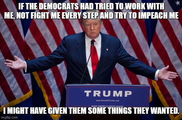 Donald Trump | IF THE DEMOCRATS HAD TRIED TO WORK WITH ME, NOT FIGHT ME EVERY STEP AND TRY TO IMPEACH ME I MIGHT HAVE GIVEN THEM SOME THINGS THEY WANTED. | image tagged in donald trump | made w/ Imgflip meme maker