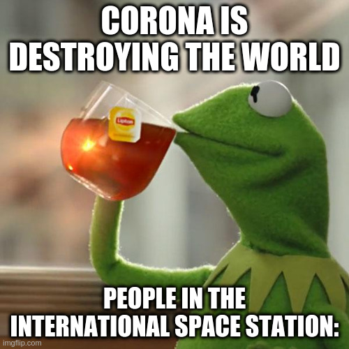 But That's None Of My Business | CORONA IS DESTROYING THE WORLD; PEOPLE IN THE INTERNATIONAL SPACE STATION: | image tagged in memes,but thats none of my business,kermit the frog | made w/ Imgflip meme maker