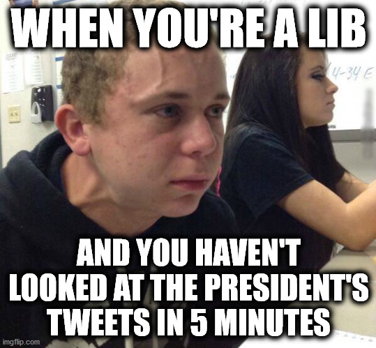 Haven't told anyone in 5 minutes | WHEN YOU'RE A LIB; AND YOU HAVEN'T LOOKED AT THE PRESIDENT'S TWEETS IN 5 MINUTES | image tagged in haven't told anyone in 5 minutes | made w/ Imgflip meme maker