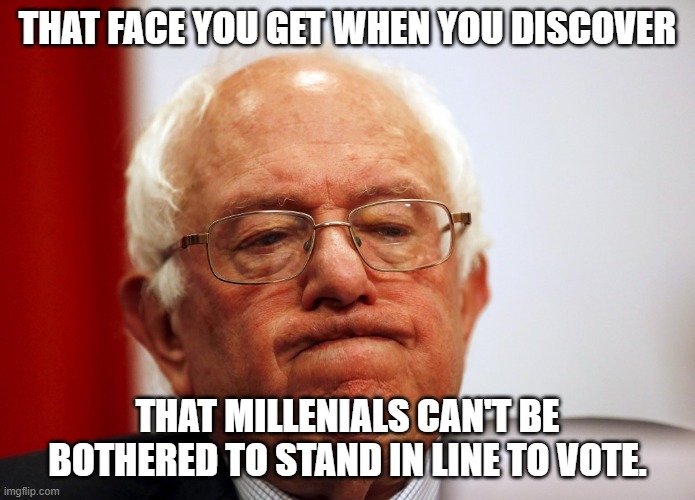 Bernie Sanders pouting | THAT FACE YOU GET WHEN YOU DISCOVER; THAT MILLENIALS CAN'T BE BOTHERED TO STAND IN LINE TO VOTE. | image tagged in bernie sanders pouting | made w/ Imgflip meme maker