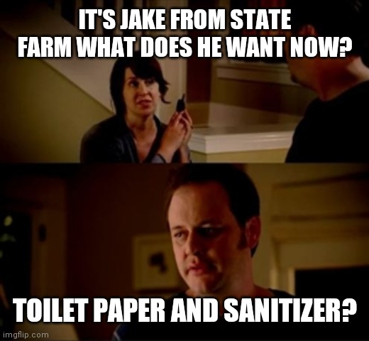 Jake from state farm | IT'S JAKE FROM STATE FARM WHAT DOES HE WANT NOW? TOILET PAPER AND SANITIZER? | image tagged in jake from state farm | made w/ Imgflip meme maker