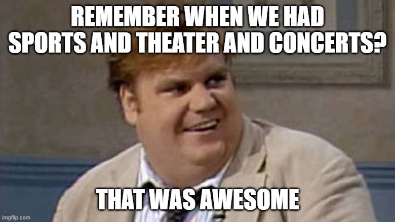 REMEMBER WHEN WE HAD SPORTS AND THEATER AND CONCERTS? THAT WAS AWESOME | image tagged in funny | made w/ Imgflip meme maker