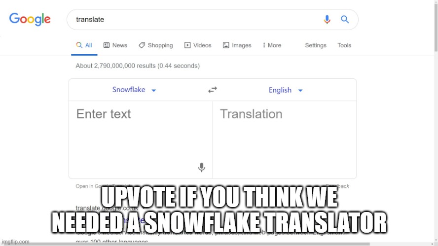 UPVOTE THIS ITS IMPORTANT.
We added the snowflake translator, thank you, you are welcome. | UPVOTE IF YOU THINK WE NEEDED A SNOWFLAKE TRANSLATOR | image tagged in google translate from snowflake,snowflake,snowflakes,offend,offended,overly sensitive | made w/ Imgflip meme maker