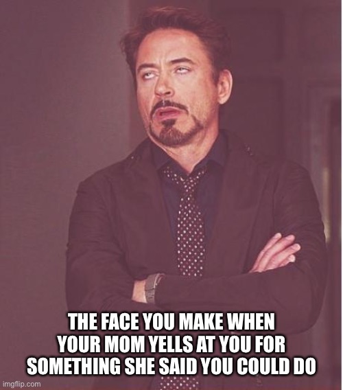 Face You Make Robert Downey Jr Meme | THE FACE YOU MAKE WHEN YOUR MOM YELLS AT YOU FOR SOMETHING SHE SAID YOU COULD DO | image tagged in memes,face you make robert downey jr | made w/ Imgflip meme maker
