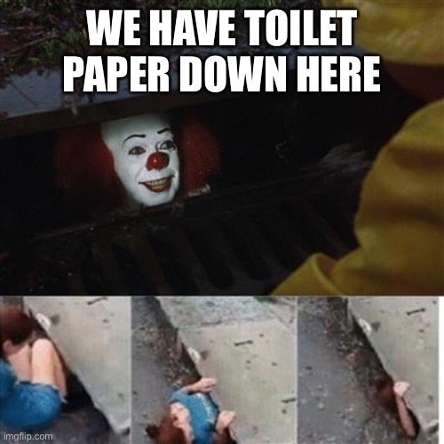 pennywise in sewer | WE HAVE TOILET PAPER DOWN HERE | image tagged in pennywise in sewer | made w/ Imgflip meme maker
