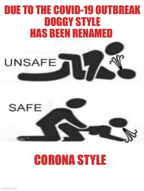 The effects will remain long after the virus is gone | DUE TO THE COVID-19 OUTBREAK
DOGGY STYLE
HAS BEEN RENAMED; CORONA STYLE | image tagged in corona style | made w/ Imgflip meme maker