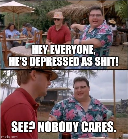 See Nobody Cares Meme | HEY EVERYONE, HE'S DEPRESSED AS SHIT! SEE? NOBODY CARES. | image tagged in memes,see nobody cares | made w/ Imgflip meme maker