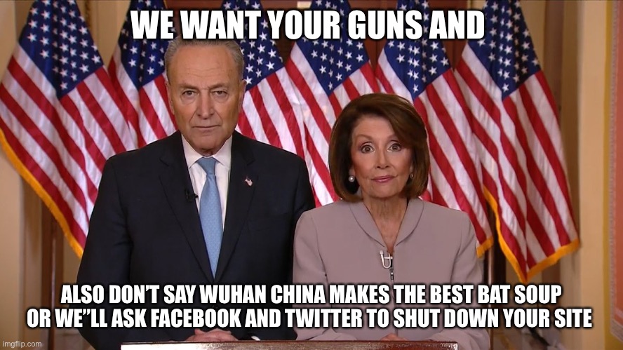 Chuck and Nancy | WE WANT YOUR GUNS AND; ALSO DON’T SAY WUHAN CHINA MAKES THE BEST BAT SOUP OR WE”LL ASK FACEBOOK AND TWITTER TO SHUT DOWN YOUR SITE | image tagged in chuck and nancy | made w/ Imgflip meme maker
