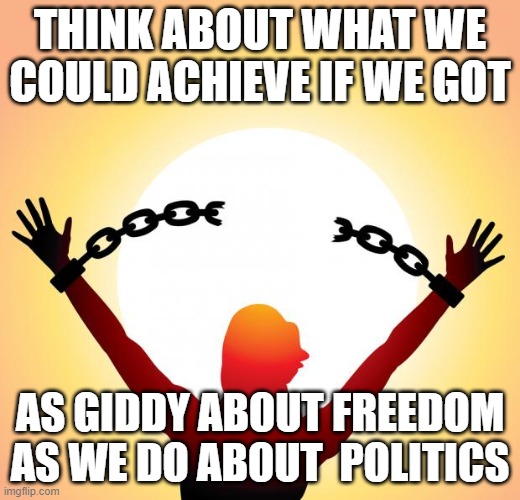 freedom | THINK ABOUT WHAT WE COULD ACHIEVE IF WE GOT; AS GIDDY ABOUT FREEDOM
AS WE DO ABOUT  POLITICS | image tagged in freedom | made w/ Imgflip meme maker