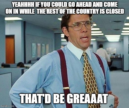 Lumbergh | YEAHHHH IF YOU COULD GO AHEAD AND COME ON IN WHILE  THE REST OF THE COUNTRY IS CLOSED; THAT'D BE GREAAAT | image tagged in lumbergh | made w/ Imgflip meme maker