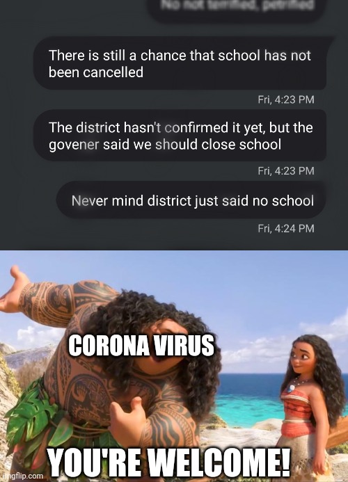 CORONA VIRUS; YOU'RE WELCOME! | image tagged in moana maui you're welcome | made w/ Imgflip meme maker