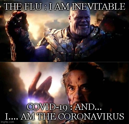 I am inevitable and i am Iron Man | THE FLU : I AM INEVITABLE; COVID-19 : AND... I.... AM THE CORONAVIRUS | image tagged in i am inevitable and i am iron man | made w/ Imgflip meme maker