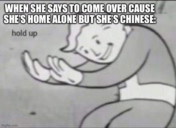 Fallout Hold Up | WHEN SHE SAYS TO COME OVER CAUSE SHE’S HOME ALONE BUT SHE’S CHINESE: | image tagged in fallout hold up | made w/ Imgflip meme maker