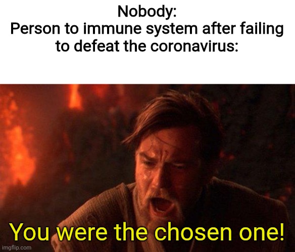 You were supposed to defeat diseases, not let them spread! Bring light back into the body, not leave it all in darkness! | Nobody:
Person to immune system after failing to defeat the coronavirus:; You were the chosen one! | image tagged in memes,you were the chosen one star wars,coronavirus,immune system,dying | made w/ Imgflip meme maker