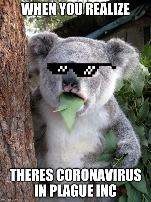 Surprised Koala | WHEN YOU REALIZE; THERES CORONAVIRUS IN PLAGUE INC | image tagged in memes,surprised koala | made w/ Imgflip meme maker