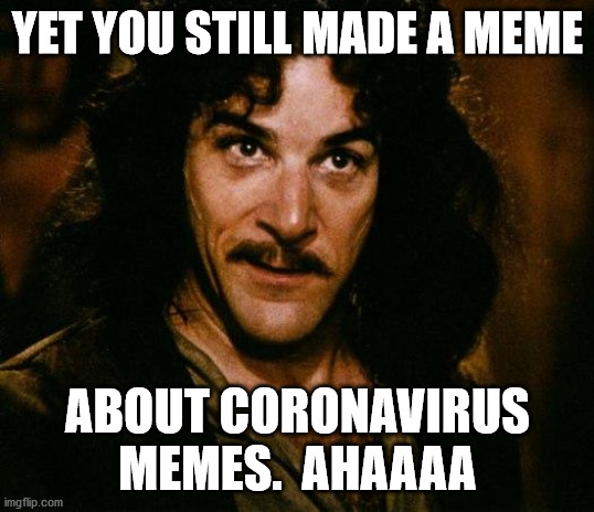Inigo Montoya Meme | YET YOU STILL MADE A MEME ABOUT CORONAVIRUS MEMES.  AHAAAA | image tagged in memes,inigo montoya | made w/ Imgflip meme maker