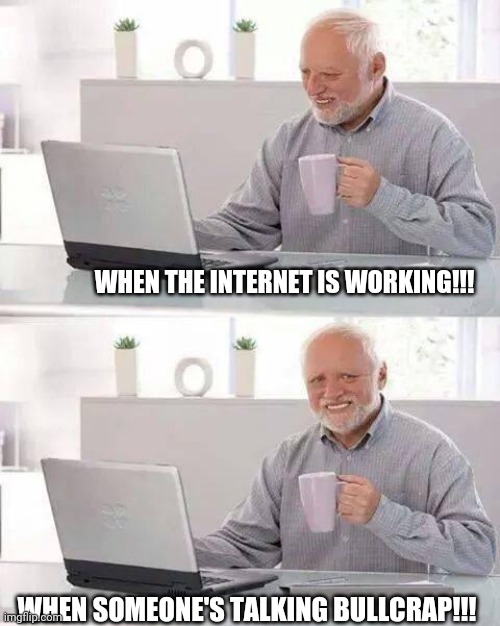 Hide the Pain Harold | WHEN THE INTERNET IS WORKING!!! WHEN SOMEONE'S TALKING BULLCRAP!!! | image tagged in memes,hide the pain harold | made w/ Imgflip meme maker