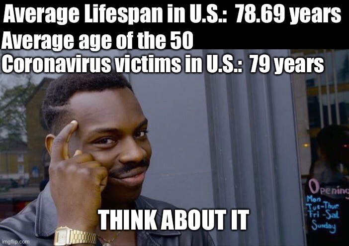 The hysteria is unwarranted. | Average Lifespan in U.S.:  78.69 years; Average age of the 50 Coronavirus victims in U.S.:  79 years; THINK ABOUT IT | image tagged in memes,roll safe think about it | made w/ Imgflip meme maker