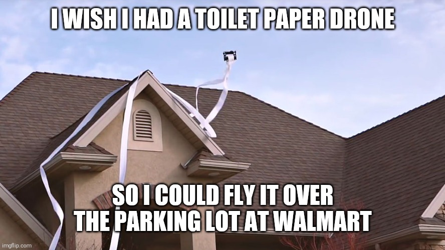 I wish I had a toilet paper drone so I could fly it over the parking lot at Walmart | I WISH I HAD A TOILET PAPER DRONE; SO I COULD FLY IT OVER THE PARKING LOT AT WALMART | image tagged in toilet paper,drone | made w/ Imgflip meme maker