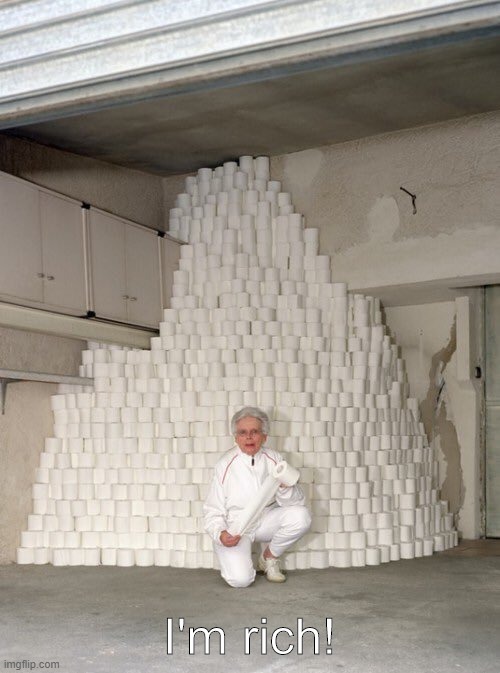 mountain of toilet paper | I'm rich! | image tagged in mountain of toilet paper | made w/ Imgflip meme maker